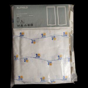 2 IKEA Alfhild Katarina Curtain Panels White with Blue & Yelliow Flowers 57x118"